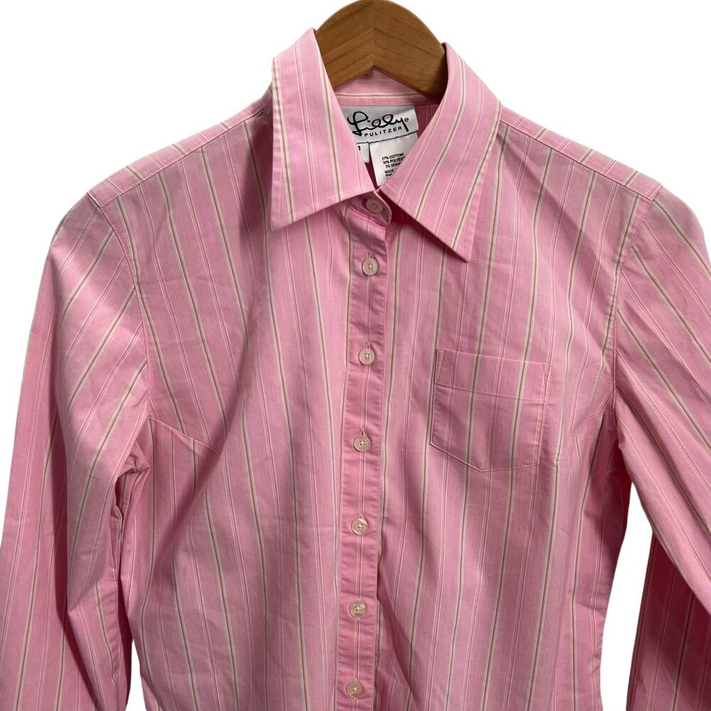 LILLY PULITZER Pink Striped Fitted Shirt Has Stretch Woman's Size 4 - Picture 12 of 15
